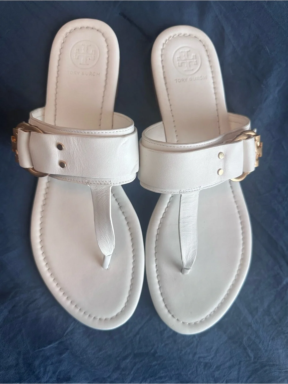 Tory Burch Marsden Ivory White Leather Flat Thong Sandals - Size 9.5